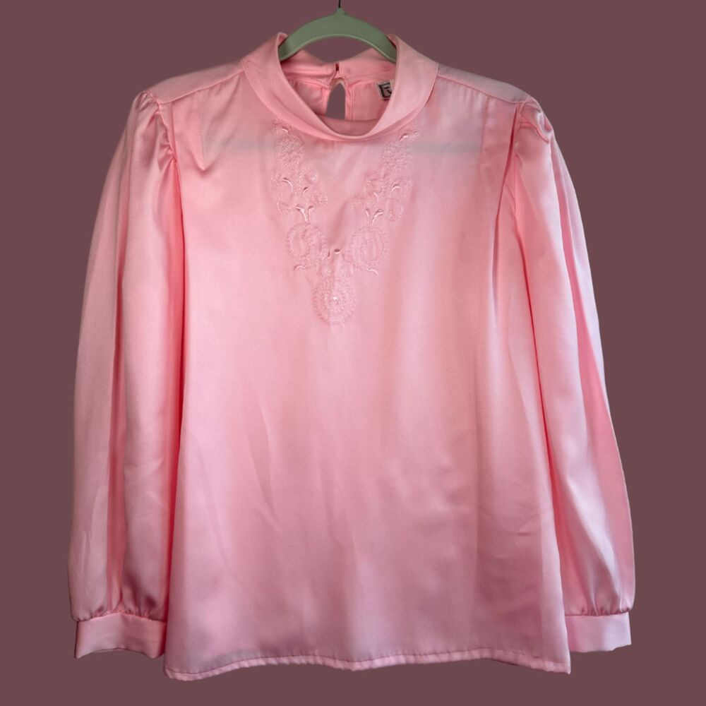 Vintage 70s Charlotte Van Horne Mock Neck Embroidered Details Satin Blouse